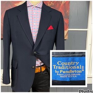 Vintage Pendleton Blazer Mens 42R Slim Fit Wool Dark Navy Metal Buttons Jacket